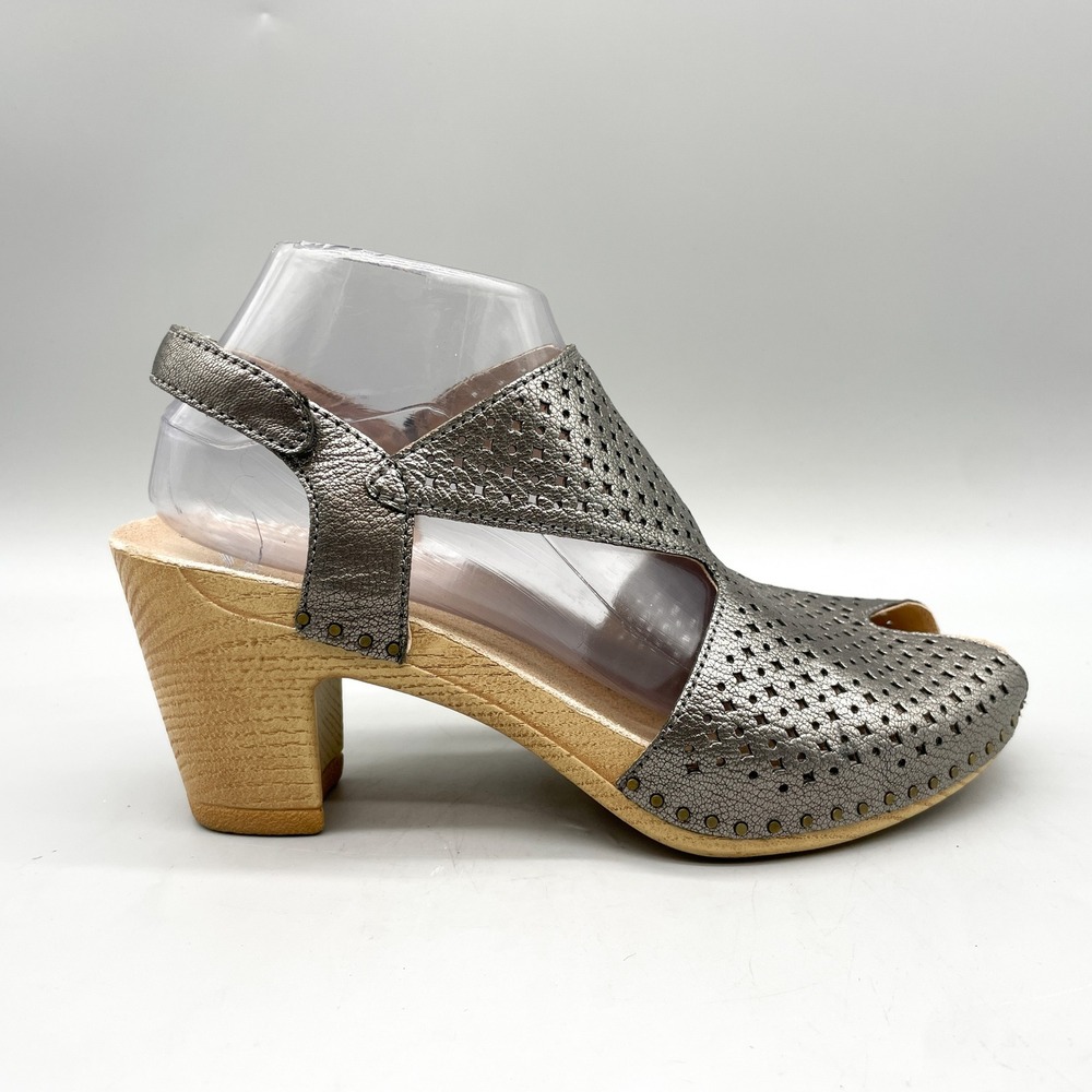 Dansko Womens 40 Teagan Clog Sandals Gunmetal Metallic Leather Heel Peep Toe